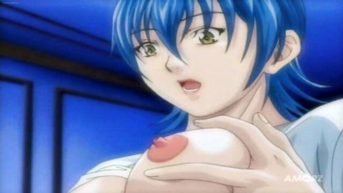 Blue-haired hentai girl squeezing huge exposed tits with red suction cup on erect nipple