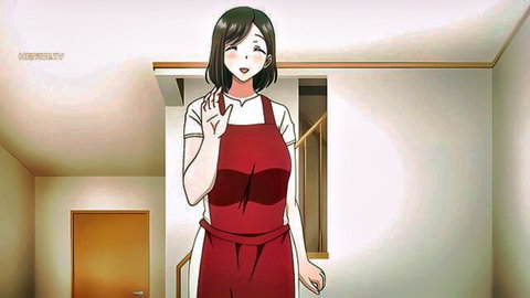 Anime MILF in tight white shirt and red apron waves hello in kitchen interior