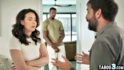 Brunette mommy wife confronted by black stud and husband in tense interracial scene