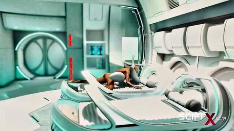 Sci-fi babe in white suit lounging seductively on futuristic platform