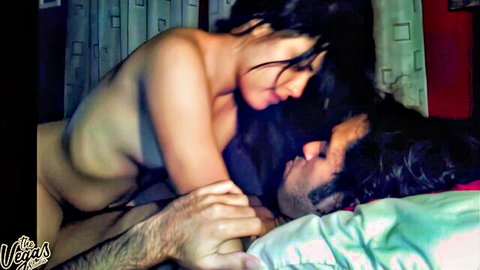 Nude skinny tanned brunette with small tits straddles boyfriend intimately in bedroom