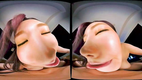 Close-up VR view of charming Asian MILF seductress with tongue out