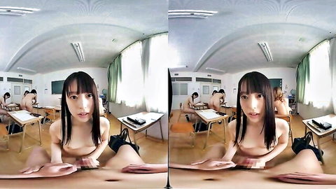 Topless Asian beauty in VR schoolgirl pose, legs spread seductively