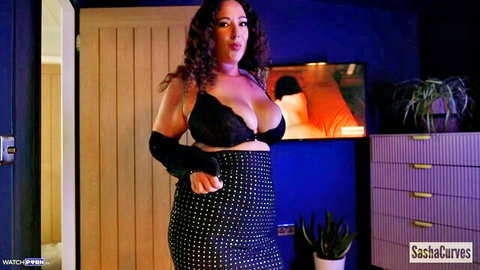 SashaCurves busty MILF in black lace bra and skirt, step-mommy tease