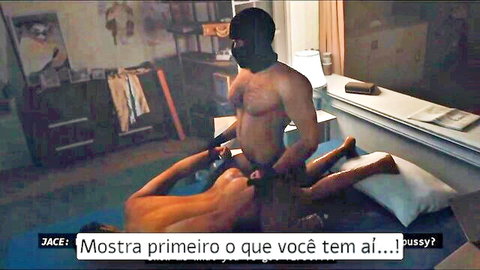 Muscular masked man gripping blonde woman's hips for doggy style fuck