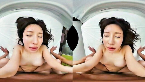 Naked Asian teen seductress in spread-leg yoga pose, VR nude solo