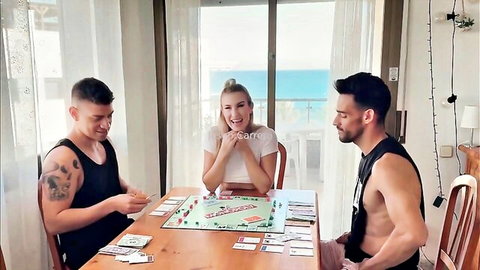 Glamour wife Kayden with two shirtless hunks playing board game tease