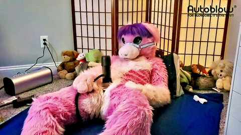 Pink furry Vicky Tart wild solo with VacuGlide sex toy and restraints