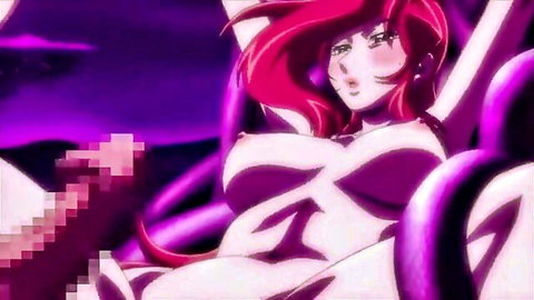 Red-haired anime girl with big tits in tentacle hentai bondage