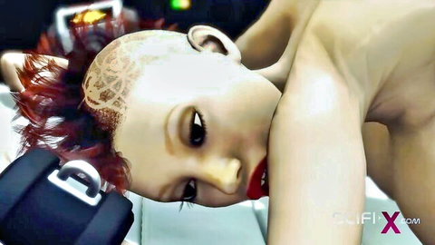 Sci-fi red mohawk babe in seductive nude pose, Scifi-X doggystyle preview