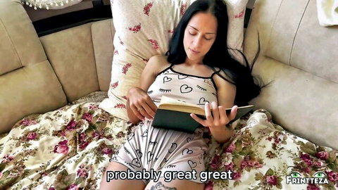 Sexy Latina MILF in lingerie reading book on bed, stepmom tease