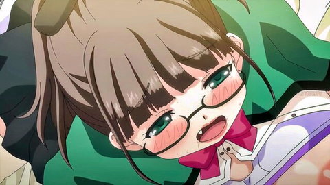 Anime schoolgirl with glasses and ponytail smiling excitedly in uniform from H na Gishi Ep.1