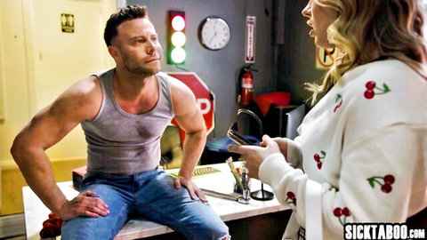 Muscular mechanic chats up big ass blonde in steamy shop tease