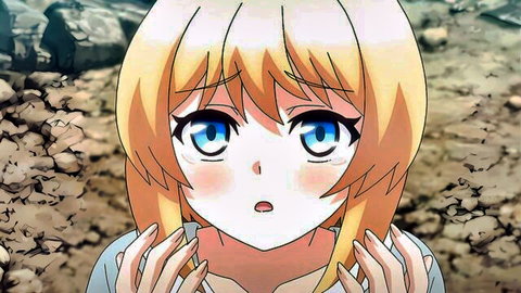 Blonde hentai teen girl with surprised blushing face and blue eyes closeup