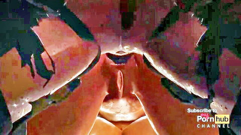 Close-up POV of shaved pussy spread wide by fingers