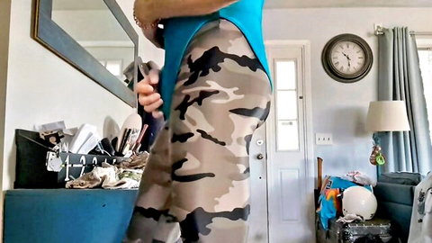 Thick juicy ass in tight camo leggings posed in bedroom mirror selfie