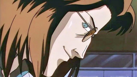 Anime man with glasses smirking intensely in profile view hentai style