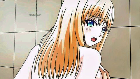 Blonde anime girl nude in shower, surprised expression from Dearest Blue Ep.4