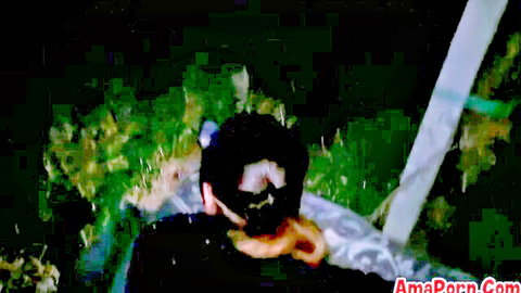 Man in black rimming pink asshole outdoors at night in dark green forest
