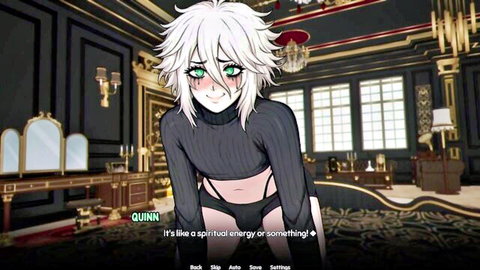 Blushing femboy Quinn in cropped black sweater and panties, visual novel style