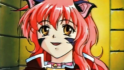 Cute anime redhead neko catgirl with cat ears smiling seductively in fantasy outfit