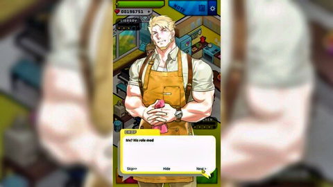 Muscular blonde DILF chef in apron flexes huge arms smiling hungrily in kitchen