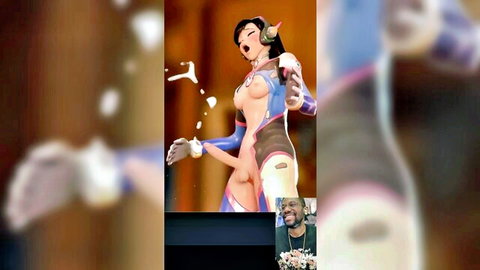 D.Va cosplay slut with small tits gets massive cumshot facial splashing on exposed pussy and face