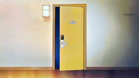 Open yellow door labeled V2A in anime-style lit hallway