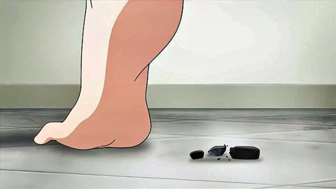 Anime giantess bare foot towering over tiny black figures on floor