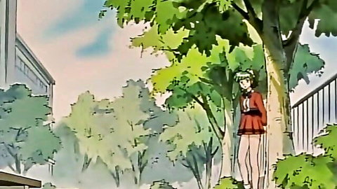 Anime schoolgirl with green hair in red skirt uniform, standing thoughtfully under tree in Kakyuusei Ep.9