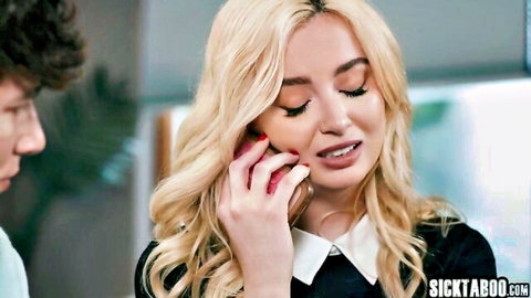Blonde Lexi Lore teases on phone in collared shirt, craving anal sex