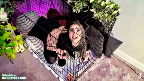 Aestra Azure as horny catgirl in cage, ass exposed in stockings