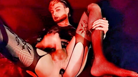 Slim gay twink in fishnet lingerie and red stockings masturbates and anal plays