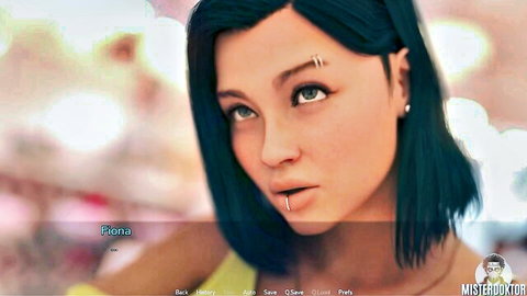 Seductive blue-haired Erona with piercings in visual novel gameplay