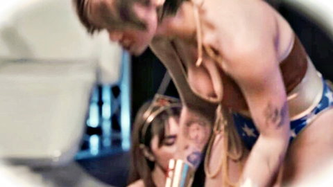 Nebbia vs Supergirl erotic wrestling in superhero costumes, intense close-up action