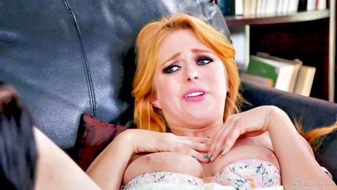 Angela White in floral lingerie, ecstatic expression in GirlsWay scene