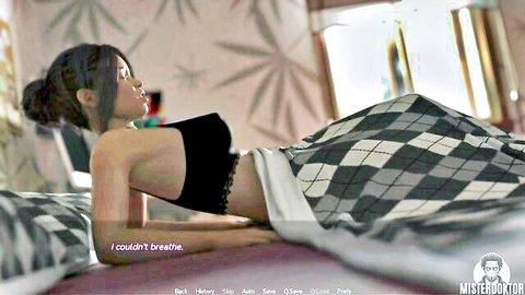 Asian brunette in black lingerie gasping on bed, Misterdoktor visual novel