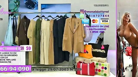 Topless blonde model strips in TV shopping fitting room