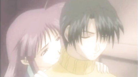 Anime hentai girl with purple hair intimately hugs black-haired guy from behind both clothed