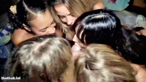 Stella Barey and friends in intense Halloween group sex huddle, young women oral play