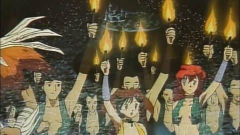 Nude hentai crowd with huge tits, bushy pussies, erect cocks holding flaming torches in erotic ritual