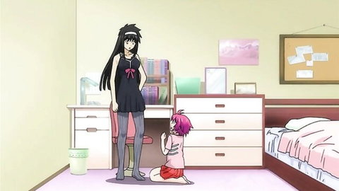 Tall black-haired hentai girl in stockings stands over kneeling pink-haired cutie with small tits in bedroom