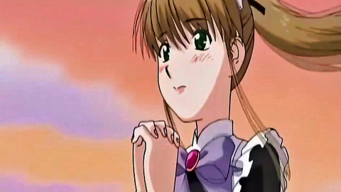 Cute anime hentai girl with brown ponytail in frilly purple dress blushing