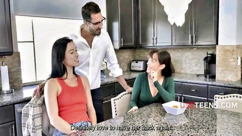 Cute Asian teen in red tank top gets intimate tutoring from white guy and mature woman