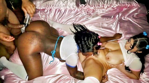 Violet Myers with black seductresses in explicit threesome oral action