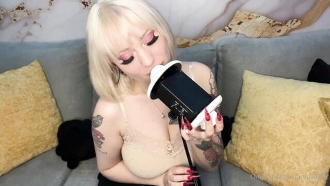 AriLove in lace bralette doing ASMR mouth sounds, blonde tattooed beauty relaxing