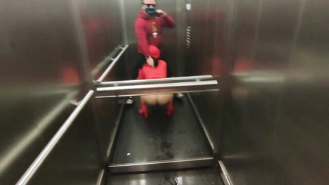 POV of red hoodie guy behind bent over woman with bare ass exposed in public elevator