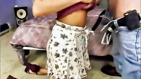 Kneeling slut in floral skirt ready for big white cock penetration