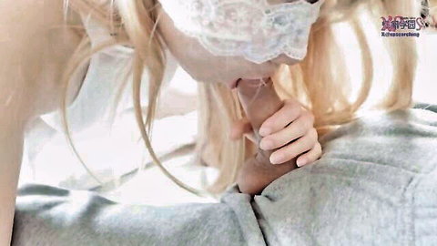 Blonde beauty in white lace blindfold performs deep blowjob in steamy 3P