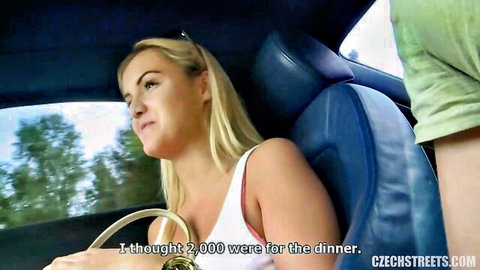 Blonde Czech babe in white tank top surprised by cash offer in car before fucking.